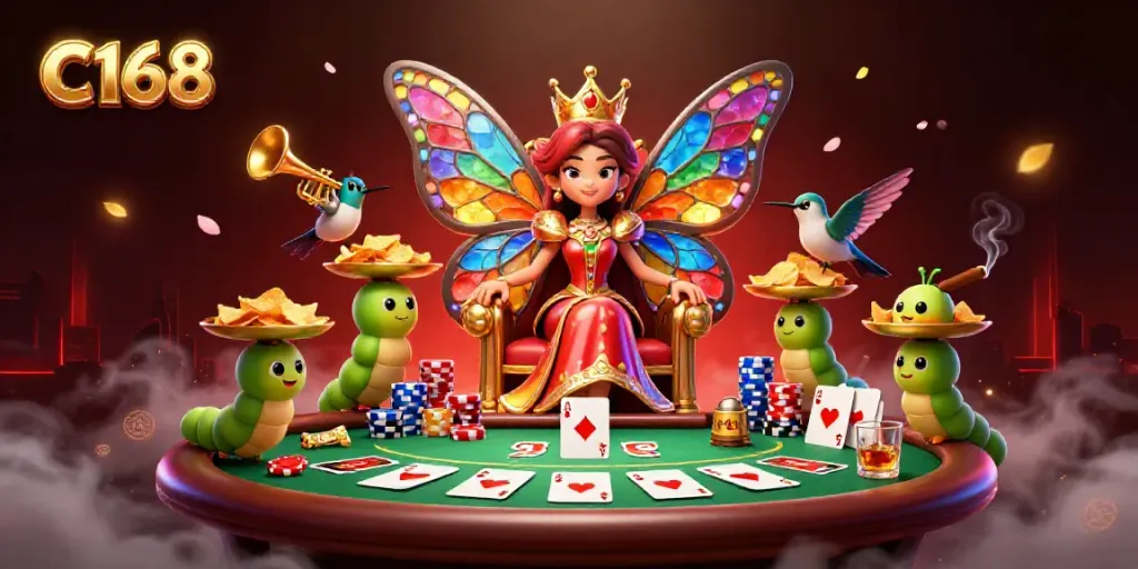 Experience the excitement of C168 with a vibrant 3D casino scene featuring poker and colorful characters.