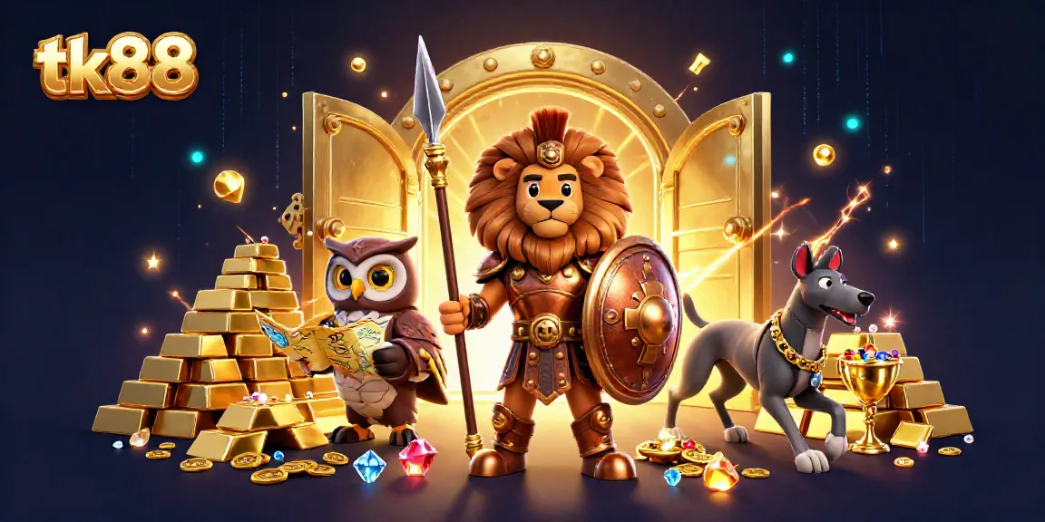 Experience the thrill of tk88 with an exciting 3D casino adventure featuring a Spartan lion, owl strategist, and greyhound.