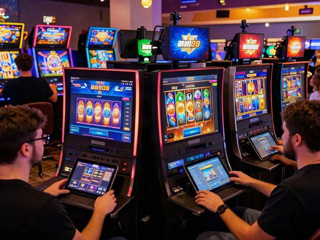 Exciting players enjoying slot88 games on multiple devices in a lively gaming environment.