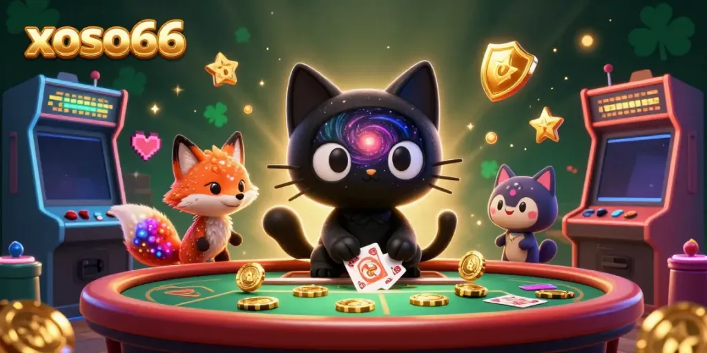 Engage your luck at xoso66 with a cosmic cat and fox winning chips in a vibrant casino.