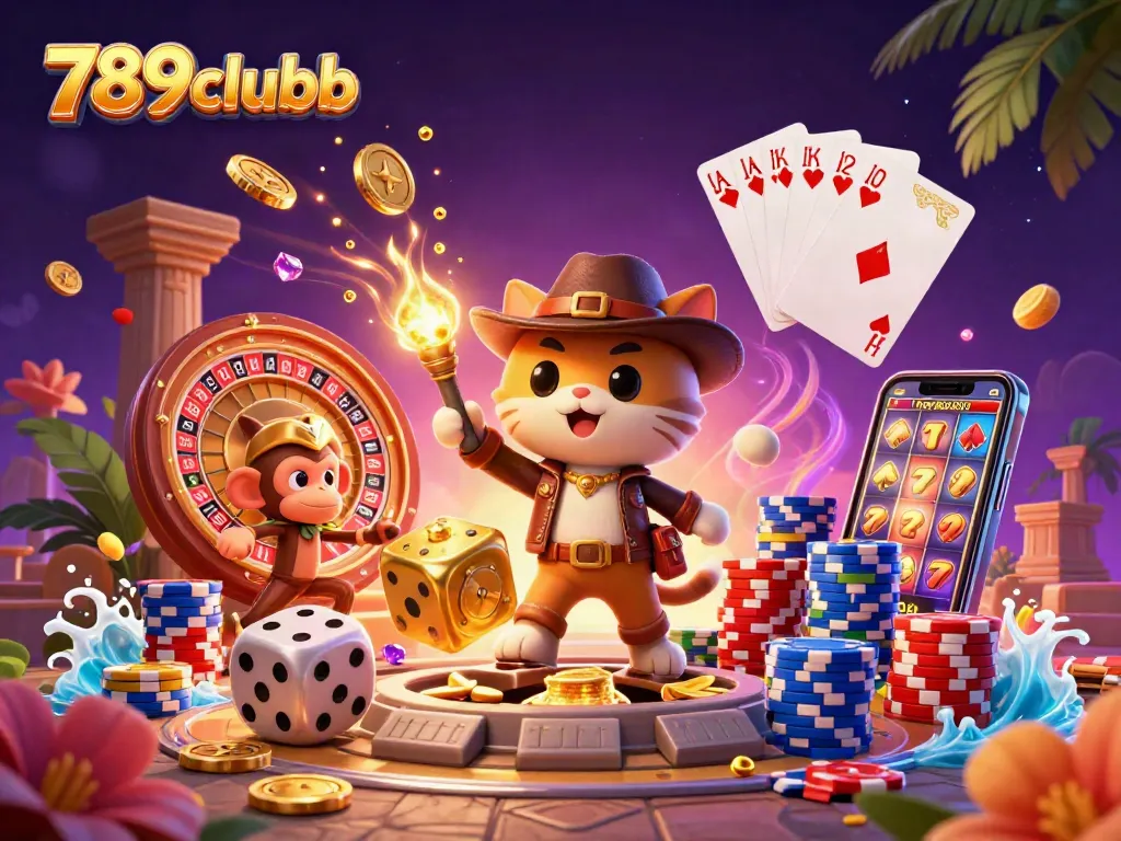 Win big at 789clubb with colorful casino elements including a royal flush and spinning roulette wheel.