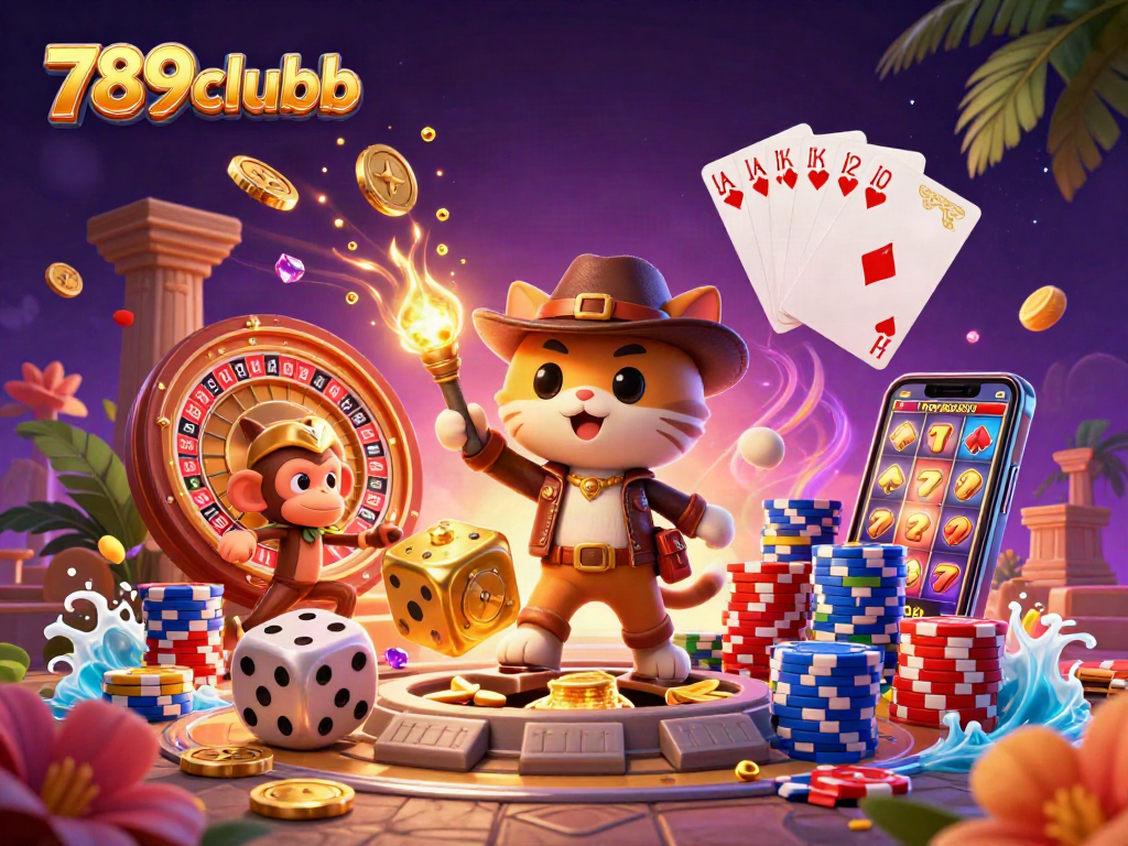 Win big at 789clubb with colorful casino elements including a royal flush and spinning roulette wheel.