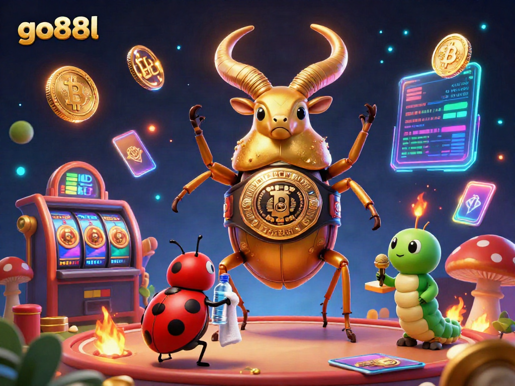 Engage with go88l in a vibrant casino scene featuring a golden beetle champion and vivid cryptocurrency elements.