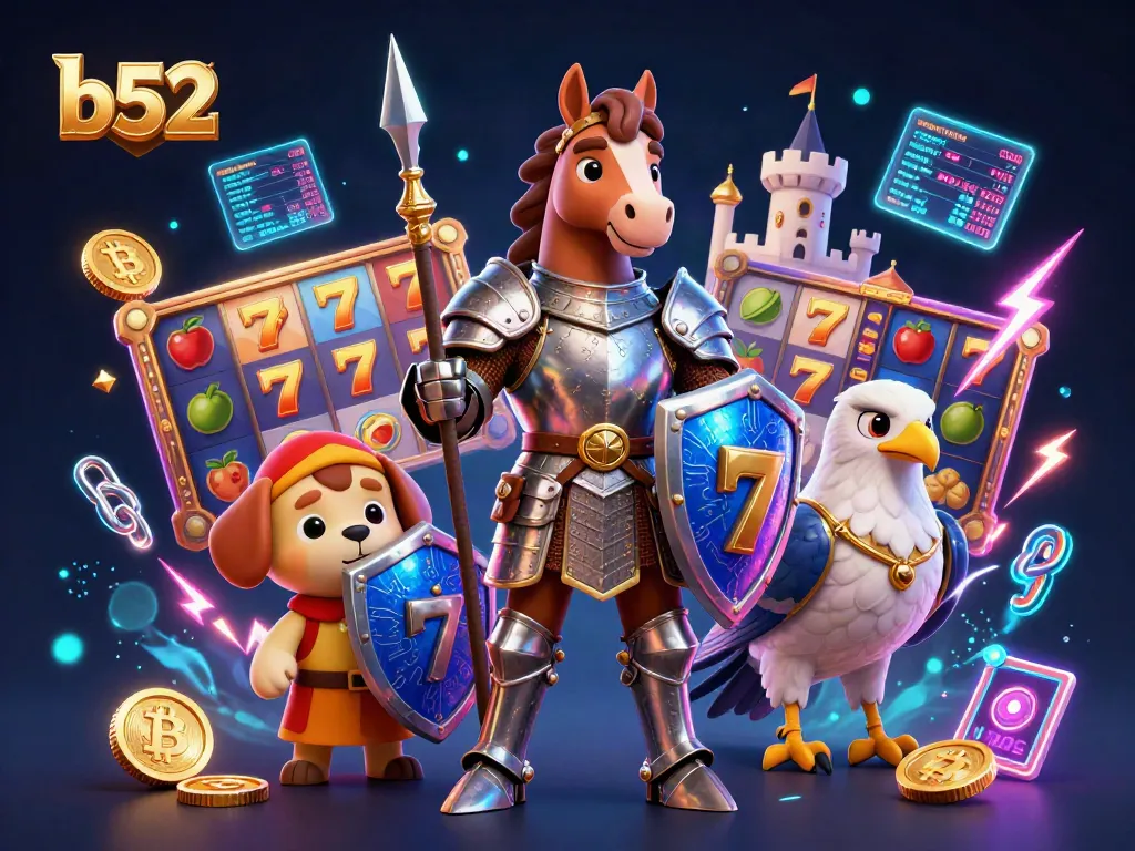 Players enjoying lively b52 slot action with knight, squire, and falcon in a whimsical casino scene.