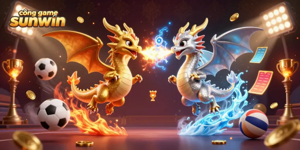 Experience excitement at cổng game sunwin with dynamic dragons, sports balls, and a golden trophy.
