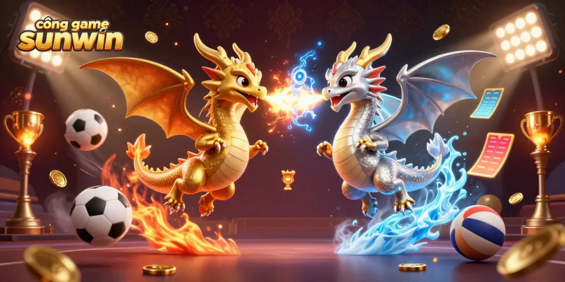 Experience excitement at cổng game sunwin with dynamic dragons, sports balls, and a golden trophy.