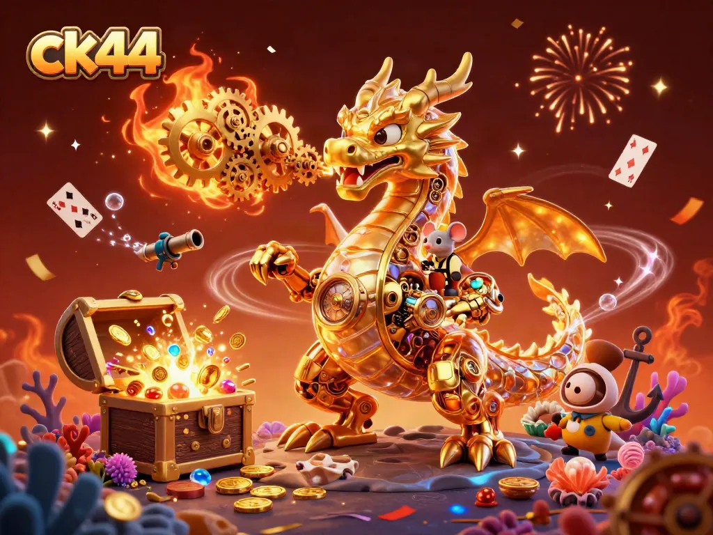 Engage in thrilling gameplay with ck44 as a golden dragon unleashes gears and treasures in a vibrant 3D scene.