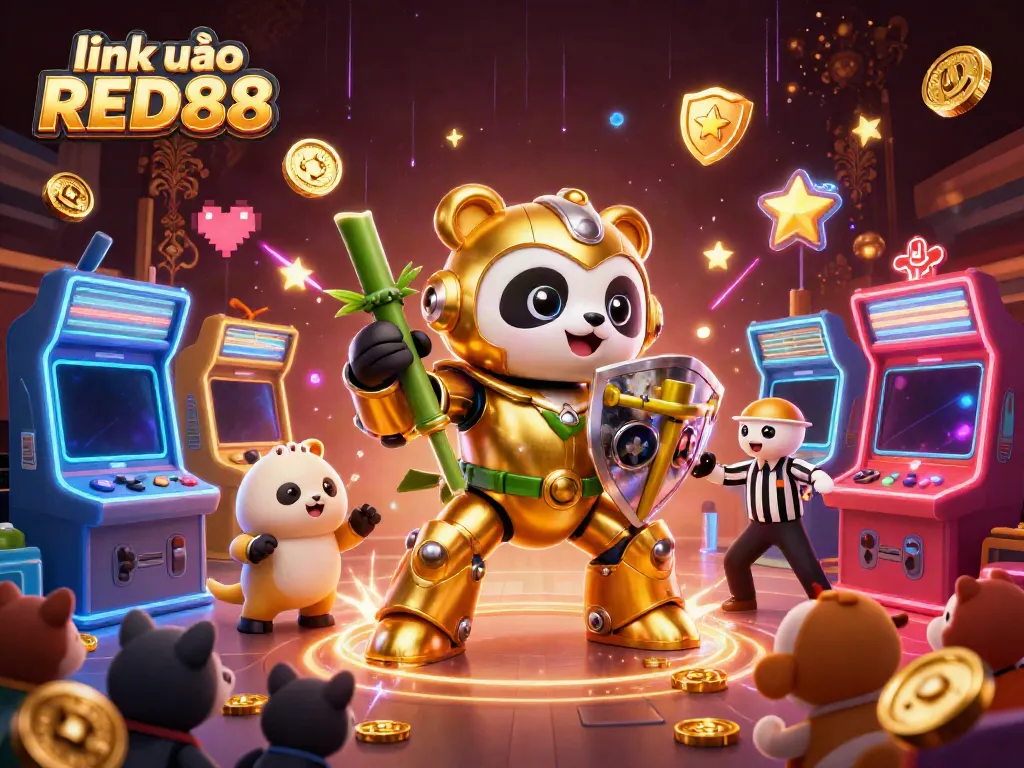 Engage with the thrilling scene at link vào RED88 featuring a mech-suit golden panda battling in a colorful casino arena.