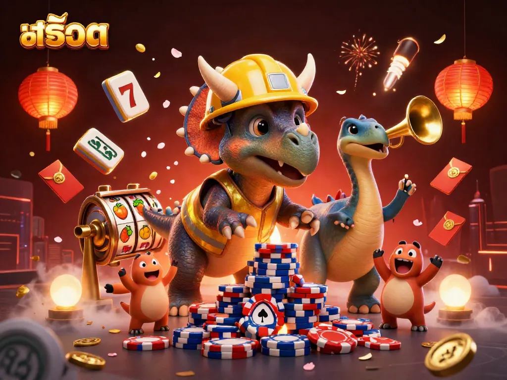 Engage in exciting สล็อต gameplay featuring cheerful dino characters and vibrant casino elements.