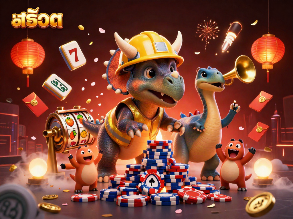 Engage in exciting สล็อต gameplay featuring cheerful dino characters and vibrant casino elements.