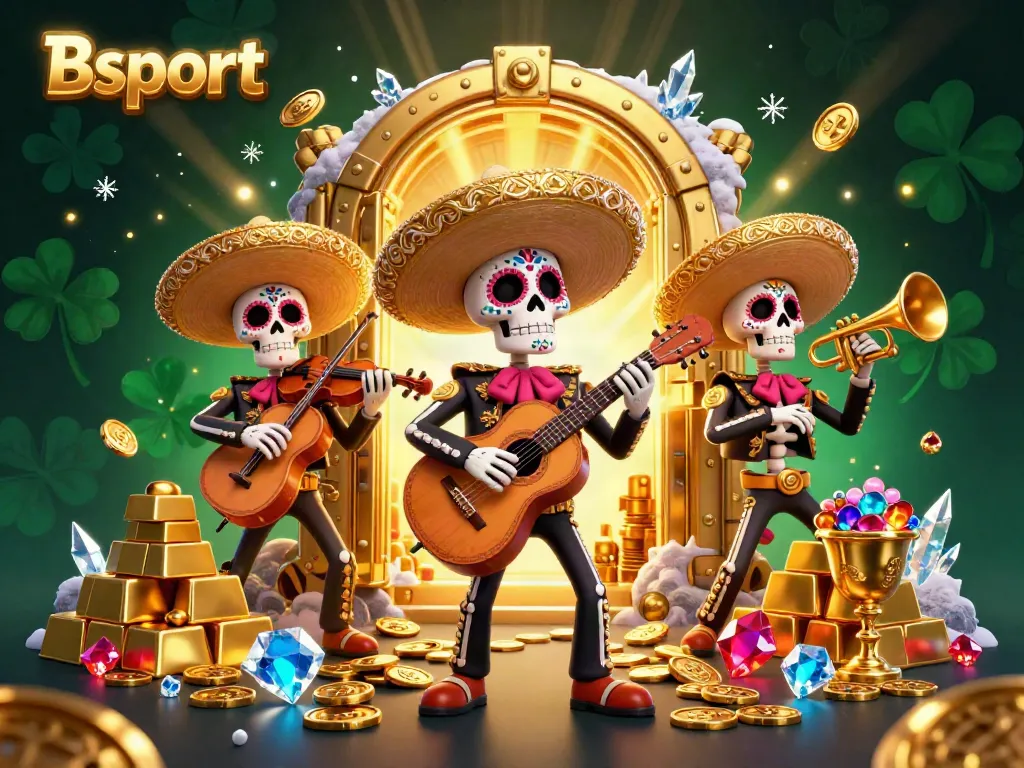 Engage with Bsport's thrilling gameplay in a colorful 3D mariachi celebration scene filled with treasures.