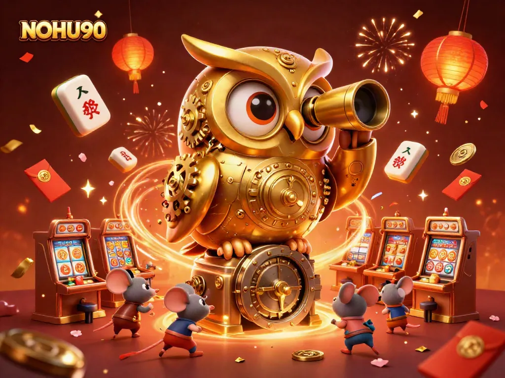 Spin and win with NOHU90's golden owl guiding players through exciting slot games, surrounded by festive elements.