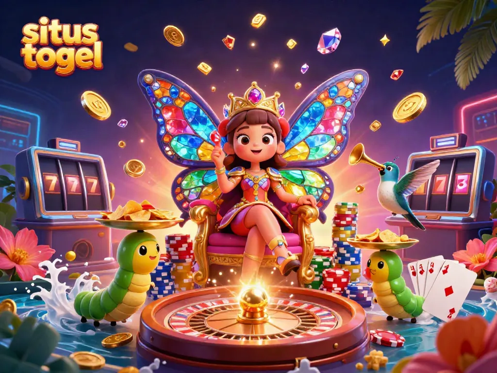 Engage with situs togel on an exquisite 3D illustration showcasing a vibrant lottery scene filled with characters and casino elements.