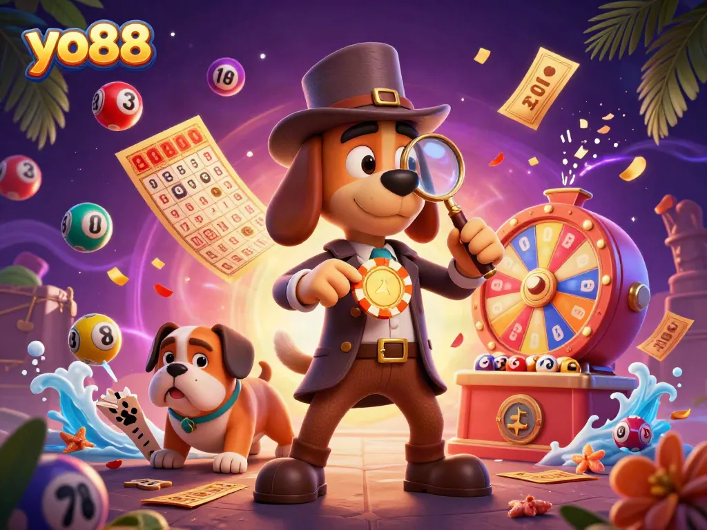yo88 showcases a thrilling casino adventure with a cartoon detective, colorful lottery elements, and vibrant scene details.
