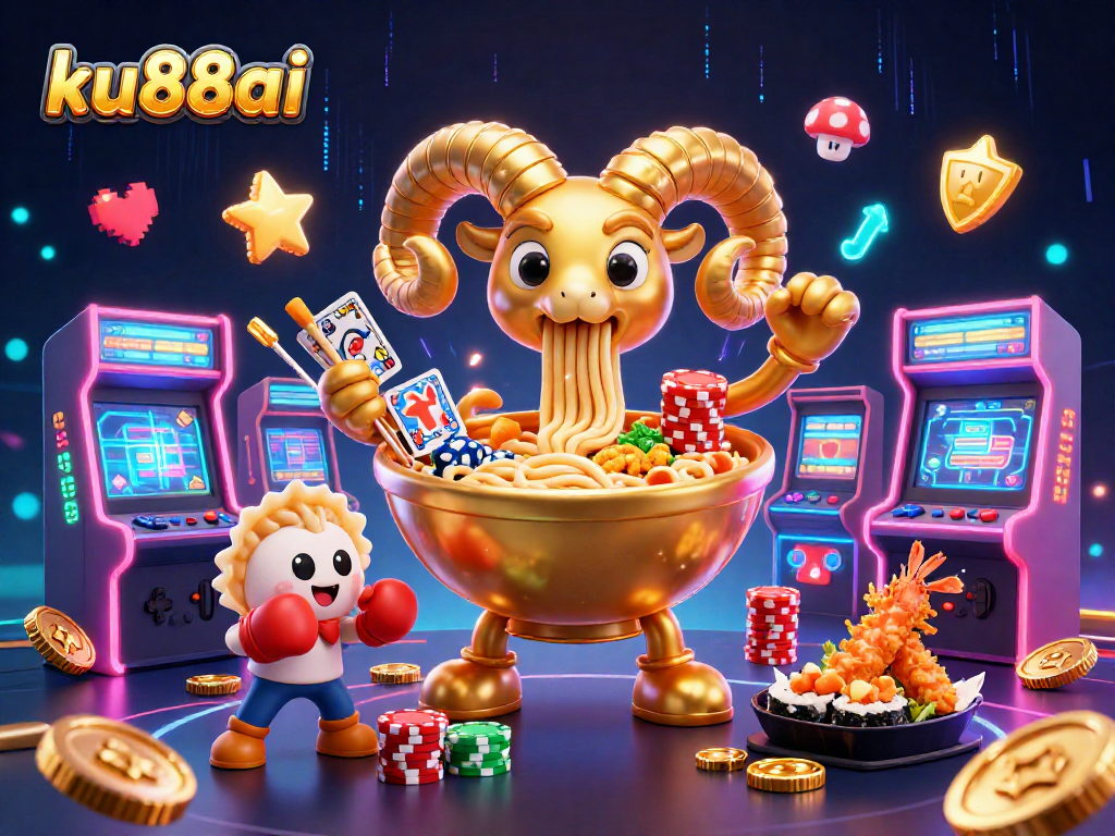 Join the excitement at ku88ai with a vibrant 3D casino gaming scene featuring a giant ramen bowl dealer.