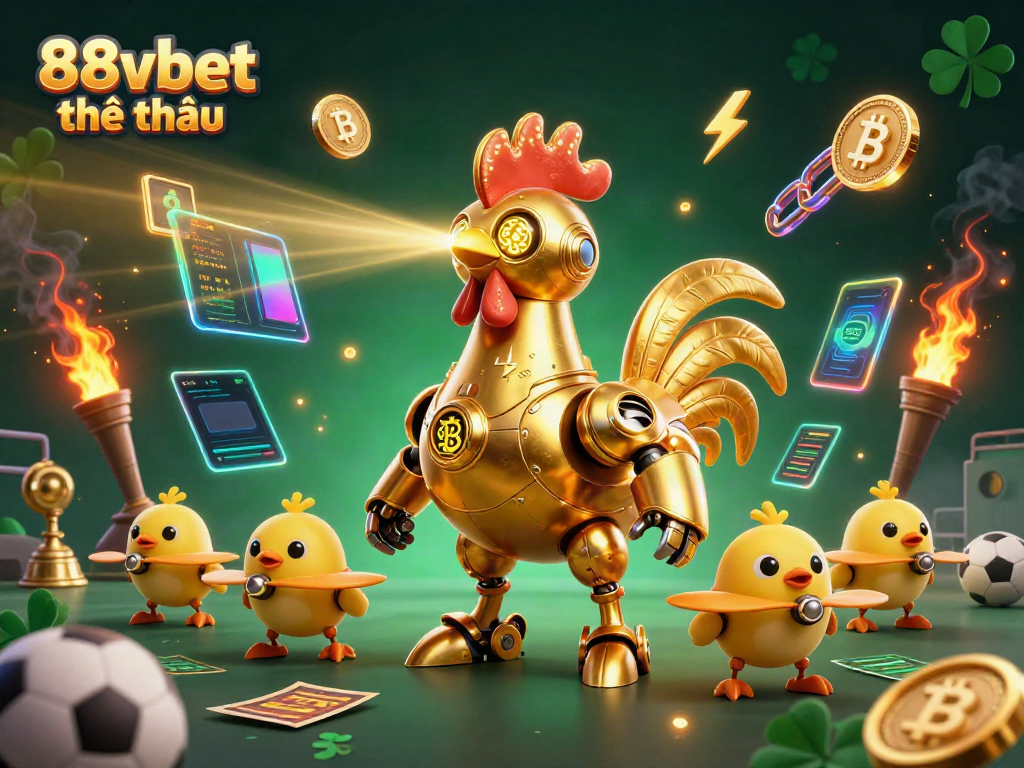 Engage in thrilling bets at 88vbet thể thao, featuring a golden rooster robot with baby chick drones and dynamic sports elements.