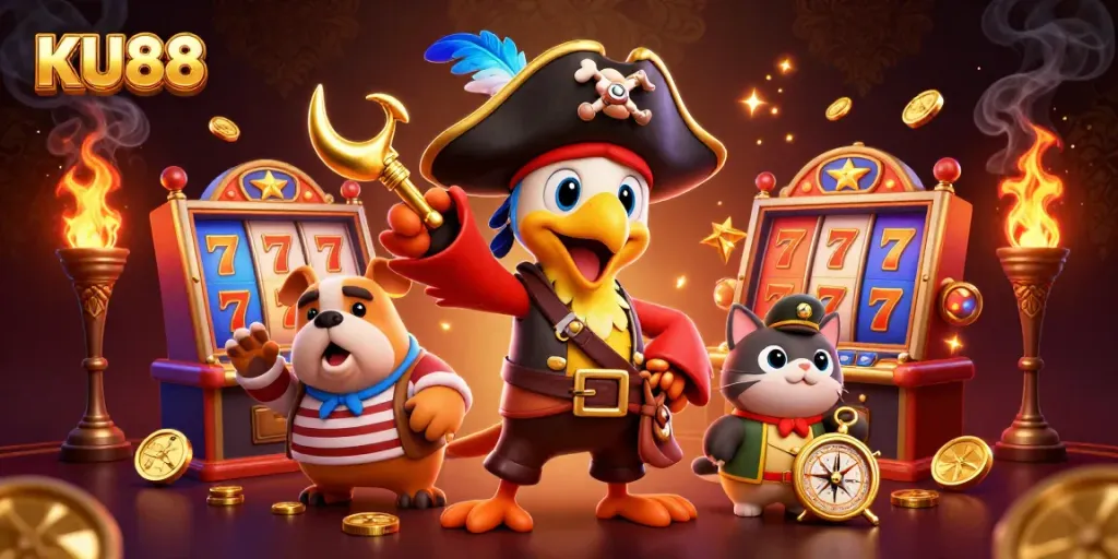KU88 offers an engaging slot machine experience with vibrant 3D characters and colorful gameplay elements.