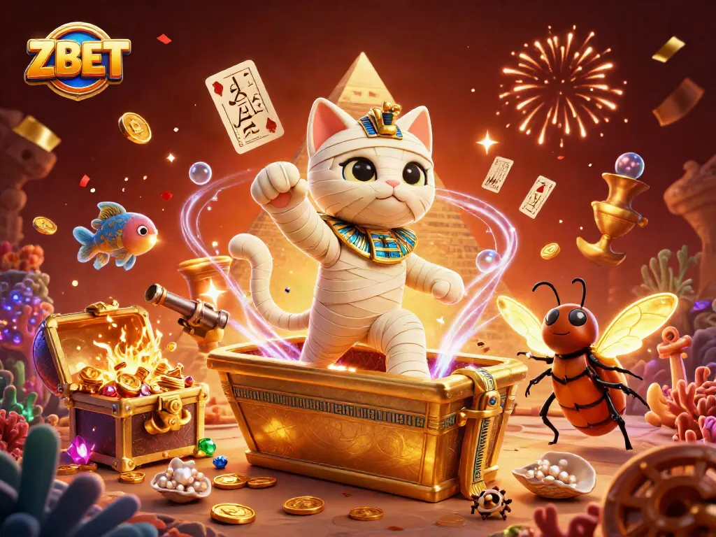 Experience the thrilling ZBET gaming adventure with a mummy cat and glowing scarab in a vibrant casino.