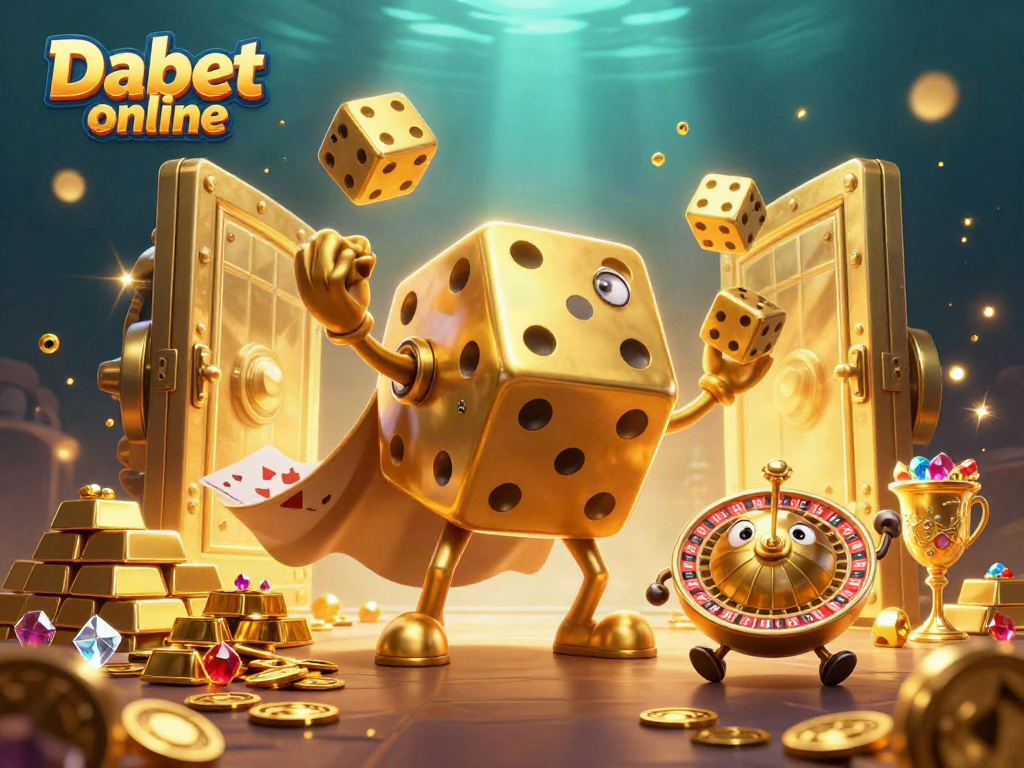 Engage with Dabet online while surrounded by a vibrant casino scene full of gold and treasures.