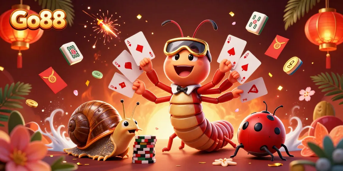 Engage with Go88's vibrant casino atmosphere featuring a millipede dealer and high-roller snail.