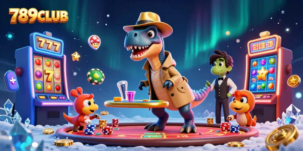 Engage in thrilling gameplay at 789CLUB with a velociraptor card counter amid lively slot machines and vibrant colors.
