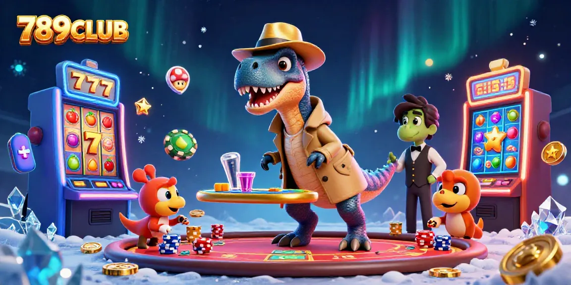 Engage in thrilling gameplay at 789CLUB with a velociraptor card counter amid lively slot machines and vibrant colors.