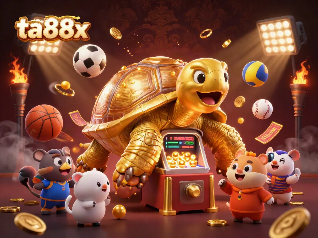 Engage with ta88x in an exciting casino scene featuring a fun tortoise pinball machine and dynamic sports betting elements.