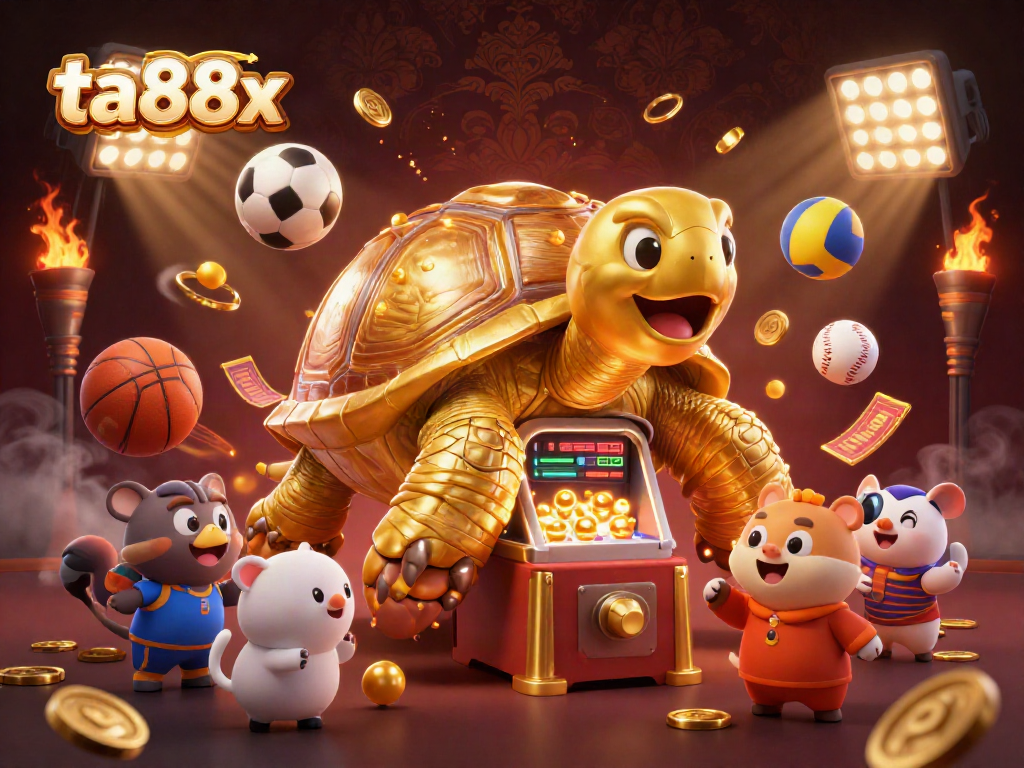 Engage with ta88x in an exciting casino scene featuring a fun tortoise pinball machine and dynamic sports betting elements.
