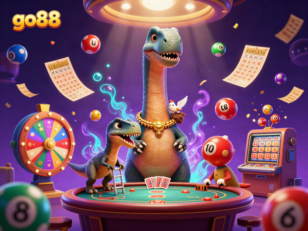 Participate in exciting go88 games featuring a large brontosaurus and clever raptor at a vibrant casino.