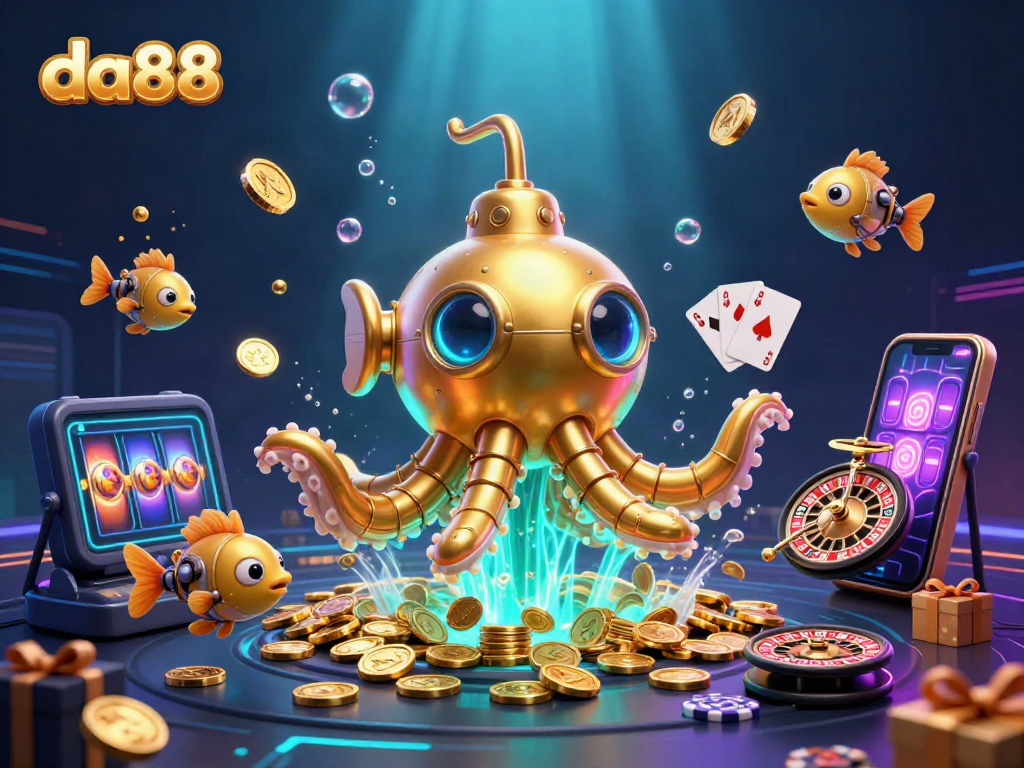 Experience excitement with da88 as a golden kraken submarine dives into riches amidst vibrant casino themes.
