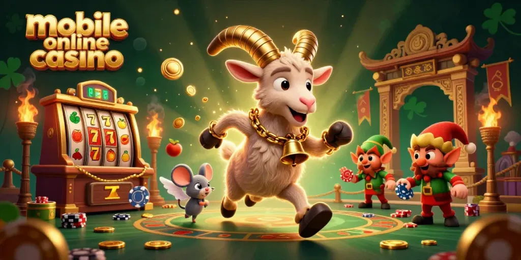 Enjoy thrilling games at a mobile online casino with festive characters in a vibrant 3D illustration.
